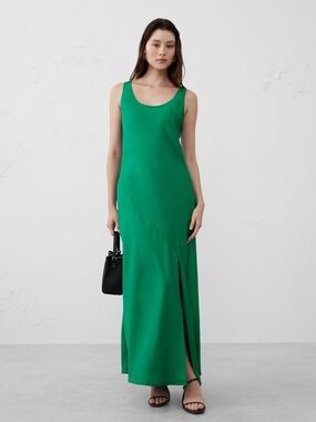 Banana Republic Emerald Green SILKY TWILL SLIT MAXI DRESS size L Preppy Luxury